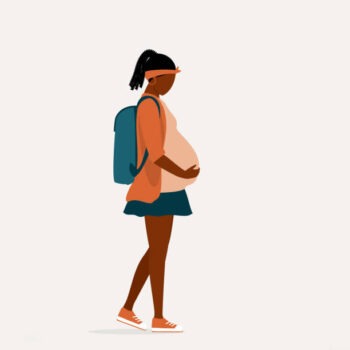 One Sad Pregnant Black Teenage Girl With Backpack Walking To School. Isolated On Color Background.