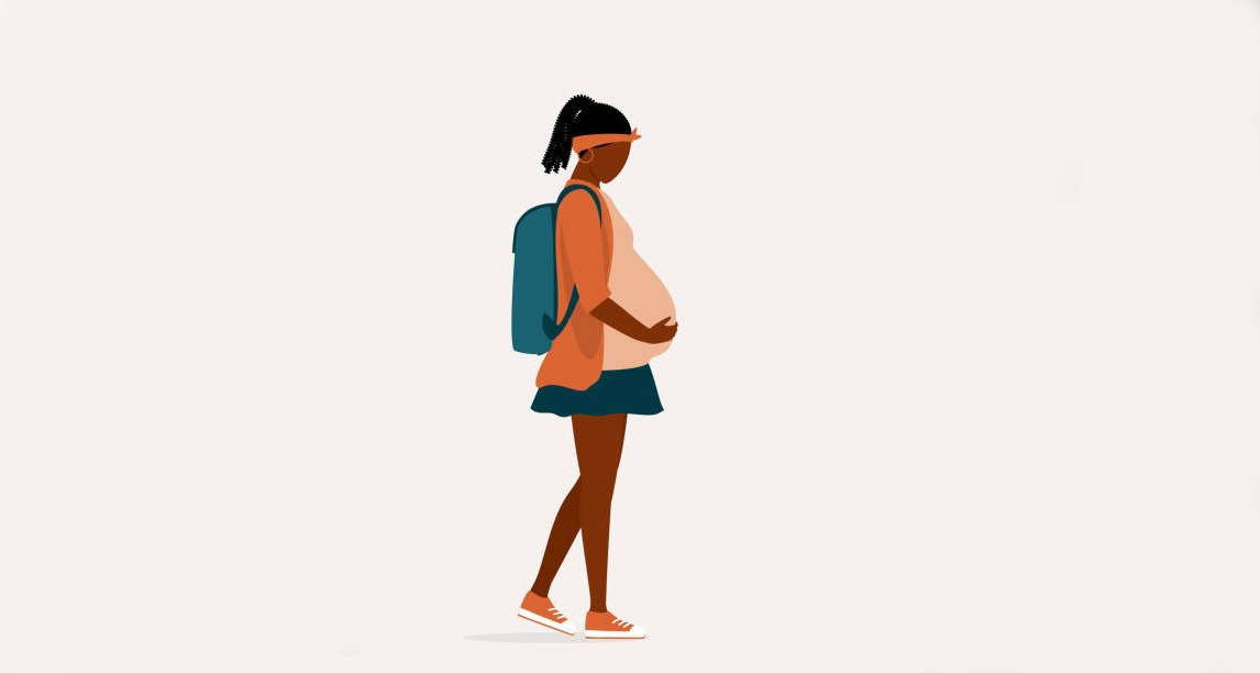 One Sad Pregnant Black Teenage Girl With Backpack Walking To School. Isolated On Color Background.